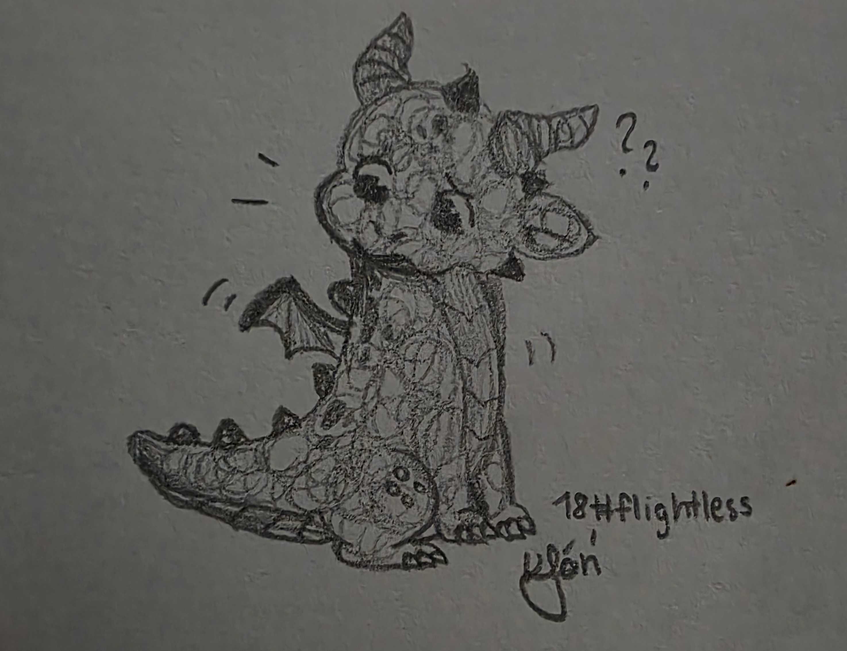 Inktober 2026 Day 18 Flightless black-and-white illustration